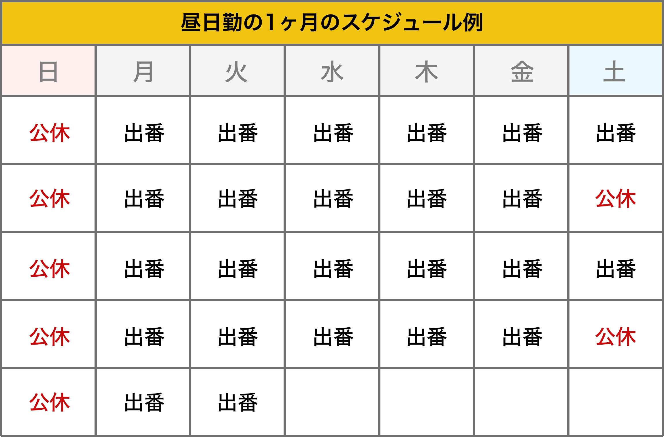 昼日勤の1ヶ月のスケジュール例