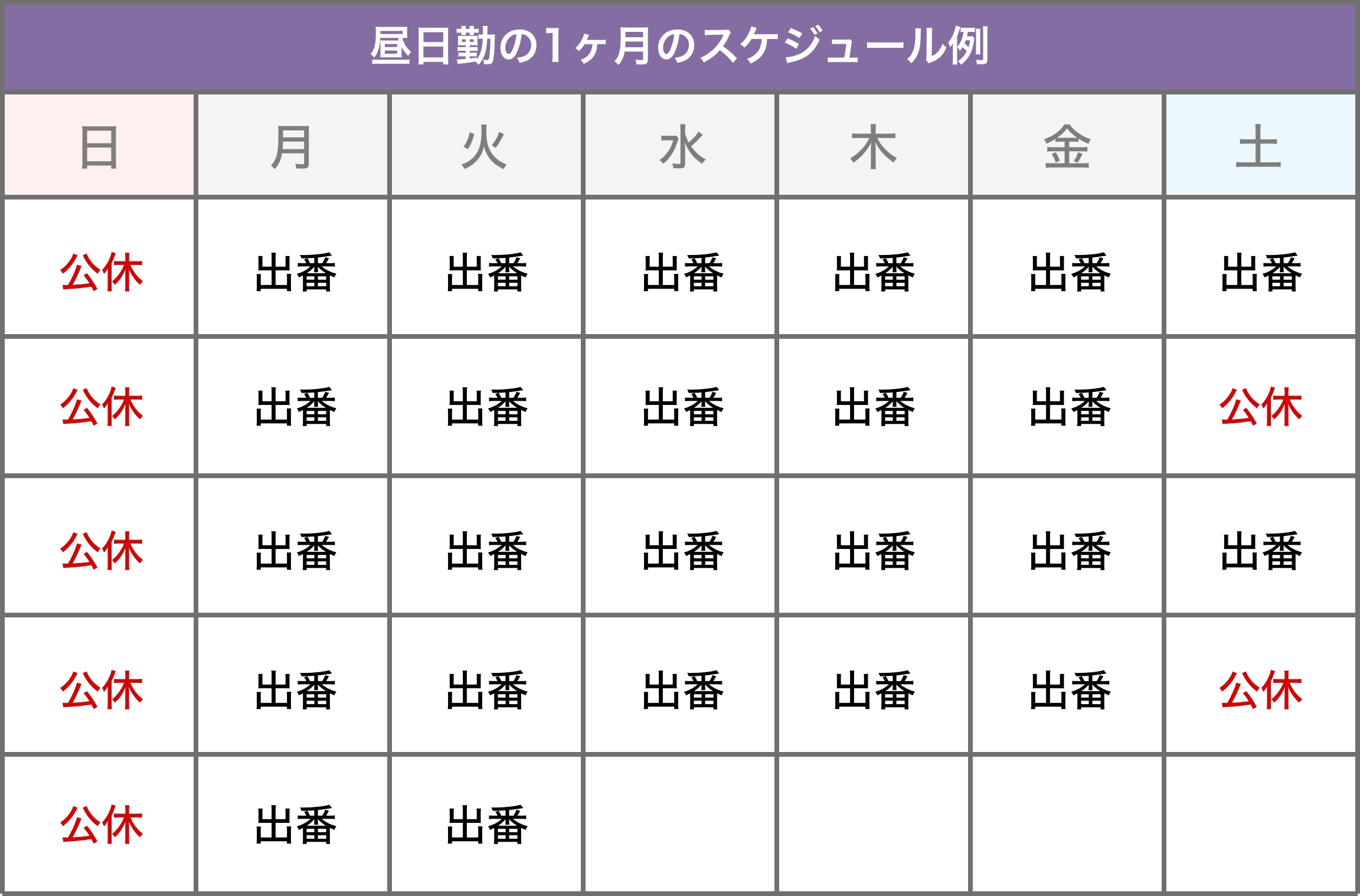 夜日勤の1ヶ月のスケジュール例